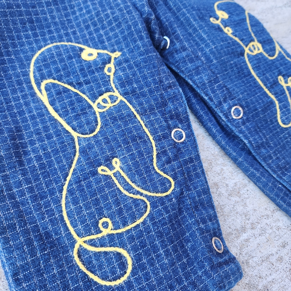 VTG Rodeo Drive Cali Baby Checkered Denim Blue Overalls, Embroided Yellow Dog,9M - Picture 3 of 8